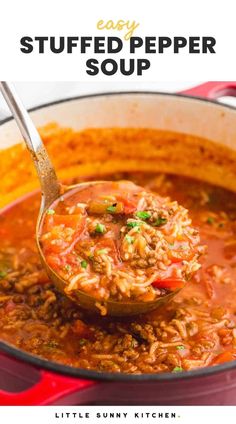 a spoon full of stuffed pepper soup in a red pot with the title overlay