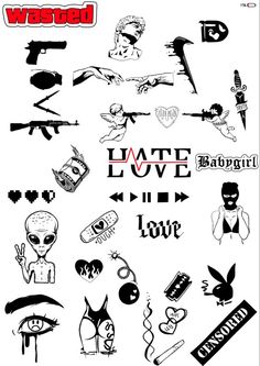 various stickers on the back of a white sheet that says, i hate love