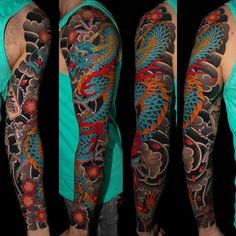 three different views of a man's full sleeve with dragon tattoos on his arms