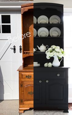 before and after photos of an old hutch turned into a dining room china cabinet