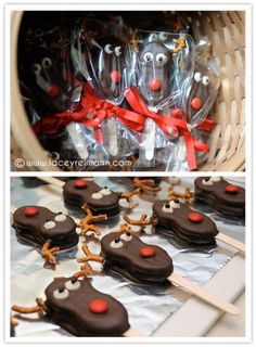 chocolate covered pretzels in the shape of reindeers with red noses and bows