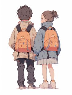 two children with backpacks looking at something in the distance, back to back and facing each other