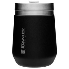 a black stainless steel wine tumbler with the word stanley on it's side