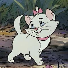 a cartoon cat with a pink bow on its head is standing in the grass and looking at something