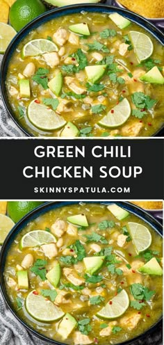 green chili chicken soup in a bowl with limes and cilantro on the side