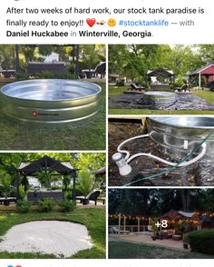 several pictures of an outdoor hot tub in the middle of four different photos, including one with