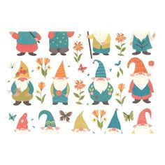 an assortment of gnomes with flowers and butterflies