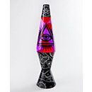 a black vase with an all seeing eye on the top and purple, red, and black design