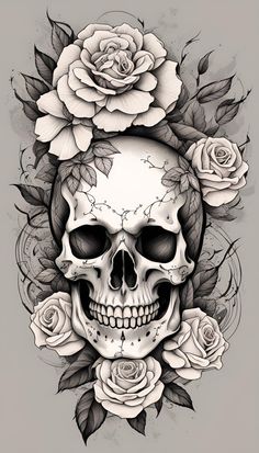 a skull with roses on it's head is shown in this tattoo art design