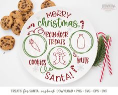 a plate with cookies and candy canes on it next to some christmas themed items