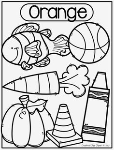 an orange coloring page with different items to color on the page, including a basketball ball and