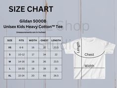 "Looking for a Gildan 5000B Kids Unisex T-Shirt Size Chart to easily accompany your items? Then this is for you.  Included are 2 size charts with 2 different shirts / backgrounds.  Digital file will not have any watermarks on it. ------------------------------------ WHAT YOU WILL RECEIVE: ------------------------------------ This is a digital download, and there is no physical item that will be mailed to you.  Post purchase visit Etsy on a computer and find your order and click \"Download Files\ Size Chart For Kids, Size Charts, Printed Materials, Mobile App, Unisex T Shirt, Kids Tshirts, Printed Items, Physics, Size Chart