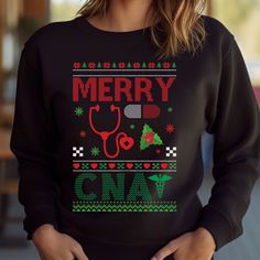 CNA Ugly Christmas Sweater Crewneck, Long Sleeve Tee or T-shirt is the perfect shirt for any certified nursing assistant for this holiday season! T-shirt: This is made with the Bella & Canvas 3001 classic unisex jersey short sleeve tee.  It fits like a well-loved favorite, soft cotton and quality print make users fall in love with it over and over again. These t-shirts have-ribbed knit collars to bolster shaping. The shoulders have taping for better fit over time. Dual side seams hold the garmen Night Shift Nurse, Holiday Apparel, Tech Shirt, Nurse Shirt, Nursing Shirts, Soft Style, Perfect Shirt, Twill Tape, Ugly Christmas