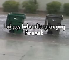 two trash cans sitting in the middle of a street with text that reads, look guys, lock and tarn are going for a walk