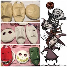 three different masks with faces and mouths on them