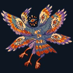 a colorful bird flying in the air with it's wings spread out and eyes open