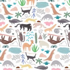 an animal themed wallpaper with various animals and plants on it's white background