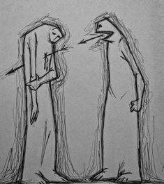 two drawings of people standing next to each other