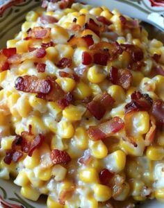 a white plate topped with corn and bacon