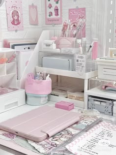 a desk with lots of crafting supplies on it