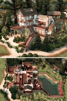 an aerial view of a large house in the middle of two different pictures, one with stairs leading up to it