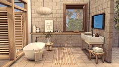 a bathroom with two sinks, a bathtub and a rug