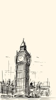 a black and white drawing of a clock tower