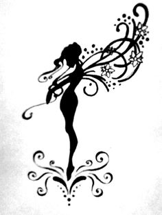 a black and white silhouette of a woman with swirls on her body, holding a flower