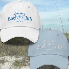 Celebrate your special bachelorette party with our Custom Embroidered "Bach Club" Hats! These stylish and personalized hats are perfect for adding a unique touch to your beachside celebration. Ensure you and your squad look fabulous while toasting to the bride-to-be's last days of singlehood️ Our custom hats are not just accessories; they're keepsakes that will remind you of your unforgettable "Last Toast on the Coast" bachelorette party. With personalized embroidery, each hat becomes a cherishe Club Bachelorette Party, Coastal Bachelorette, Club Bachelorette, Beach Bach, Bachelorette Party Hat, Bachelorette Decor, Bachelorette Beach, Nautical Bachelorette, Custom Baseball Hats