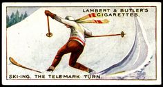 a stamp with a skier skiing on the snow and holding ski poles in his hand