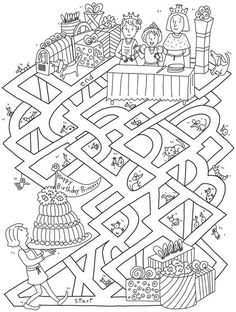 a black and white image of a maze with children in it, including presents on the table