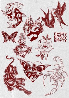 an assortment of tattoo designs on white paper