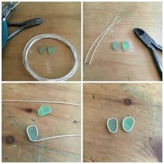 four pictures showing the process of making sea glass necklaces with wire and pliers