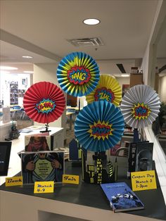 some colorful decorations are on display in a store's office lobby for customers to view