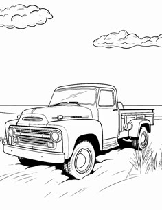 a black and white drawing of a pickup truck driving down a dirt road in the desert