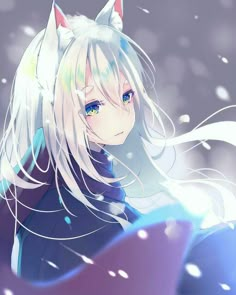 an anime character with long white hair and blue eyes, standing in the snow wearing a cat ears costume