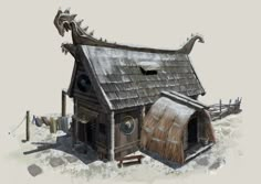 an old house with a dragon on the roof