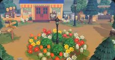 an animated image of a flower garden in the middle of a street with trees and flowers around it