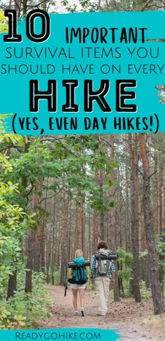 Picture of hiking couple walking through forest with text overlay 10 Important Survival Items You Should Have on Every Hike Yes, Even Day Hikes Hicking Essential, Hiking Checklist, Beginner Hiking, Backpacking Guide, Survival Items, Hiking Training, Hiking Workout, Hiking Essentials, Hiking Destinations