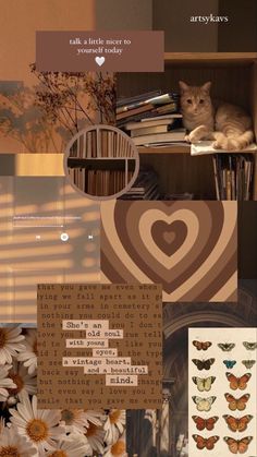 the collage has many different pictures and words on it, including cats, flowers, books