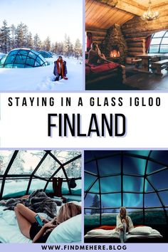 the inside of a glass igloo with pictures of people in it and text that reads staying in a glass igloo finland