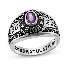 Perfect for the modern graduate, this Personalized class ring pays special tribute to her important accomplishment. This ladies' traditional meets ornate class ring fashioned in sterling silver with an antique-finish can be Personalized with an oval-shaped simulated birthstone of your choice. Further customize the design with a school name (up to twenty-two characters) and a graduation year (4 digits). Add a name or phrase, up to eighteen characters maximum, inscribed along the inside of the rin Graduation Year, Amethyst Gem, Purple Band, Jewelry Images, Personalized Rings, Types Of Rings, Personalized Jewelry, Custom Jewelry, Class Ring