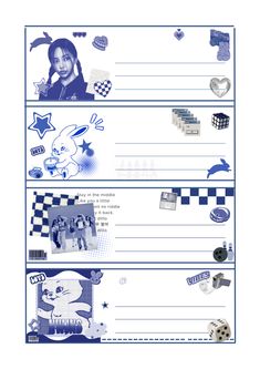 a blue and white checkered paper with pictures on it