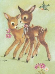 two baby deer standing next to each other on a green background with flowers and birds