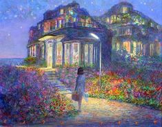 a painting of a woman standing in front of a house with flowers on the ground