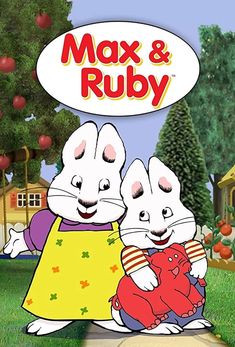 two white mice are standing next to each other in front of an apple tree with the words max and ruby above them