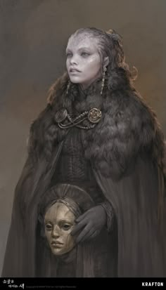 a painting of a woman with a mask on her face and fur coat over her shoulders