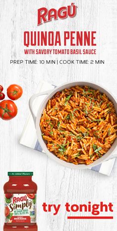 an ad for ragu quinoa penne with savory tomato basil sauce