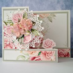 two cards with flowers and lace on them