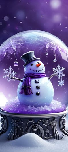 a snowman in a top hat and scarf under a glass ball with water droplets